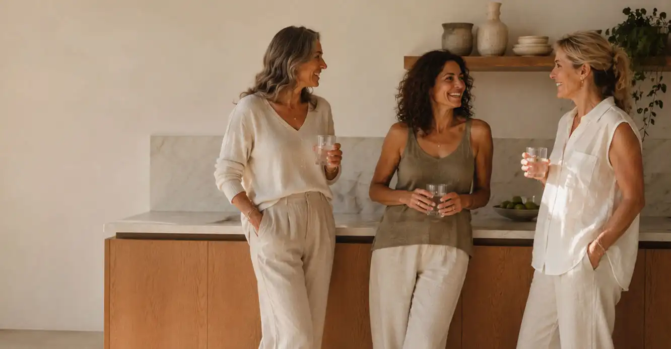 mujeres de pie charlando y bebiendo aguya